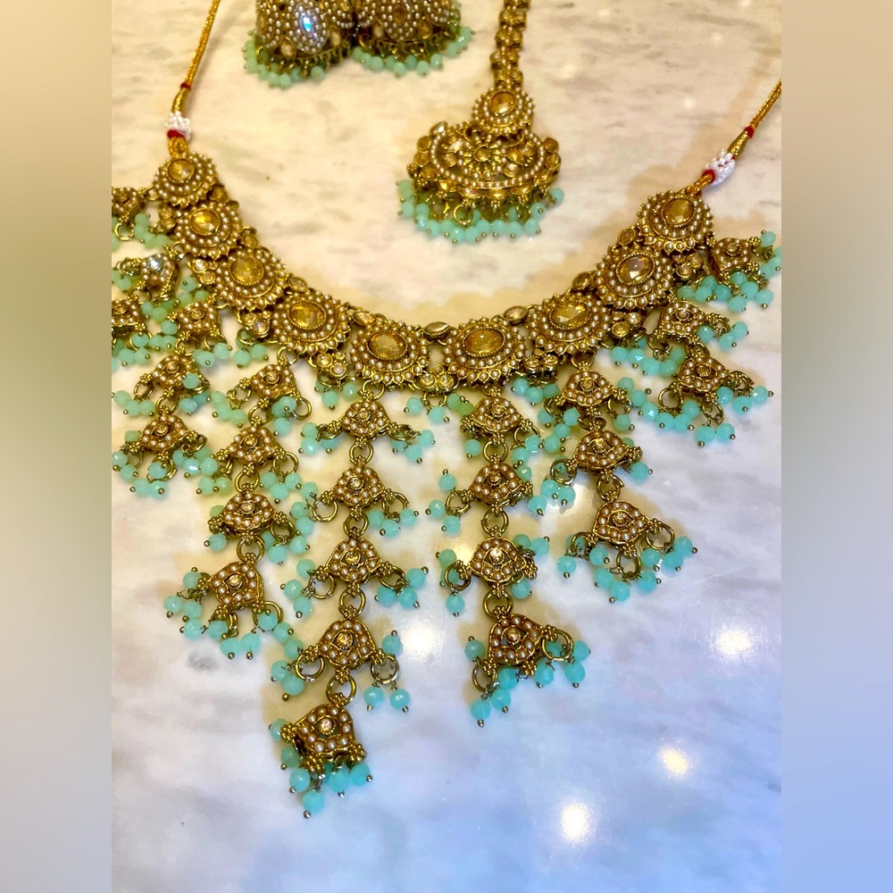 Mint green and gold Indian jewelry set
